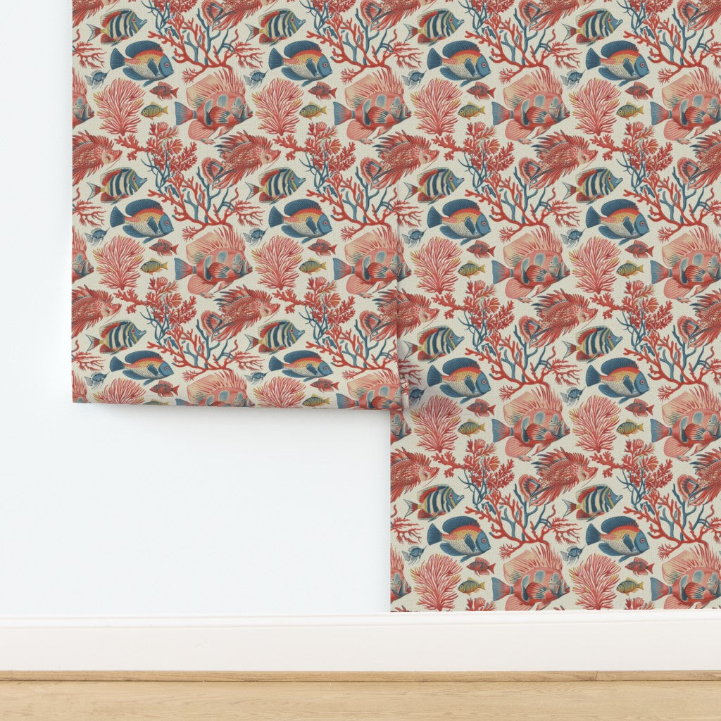 Red Fish, Blue Fish wallpaper in Off White Ground, natural grass cloth finish with woven texture.