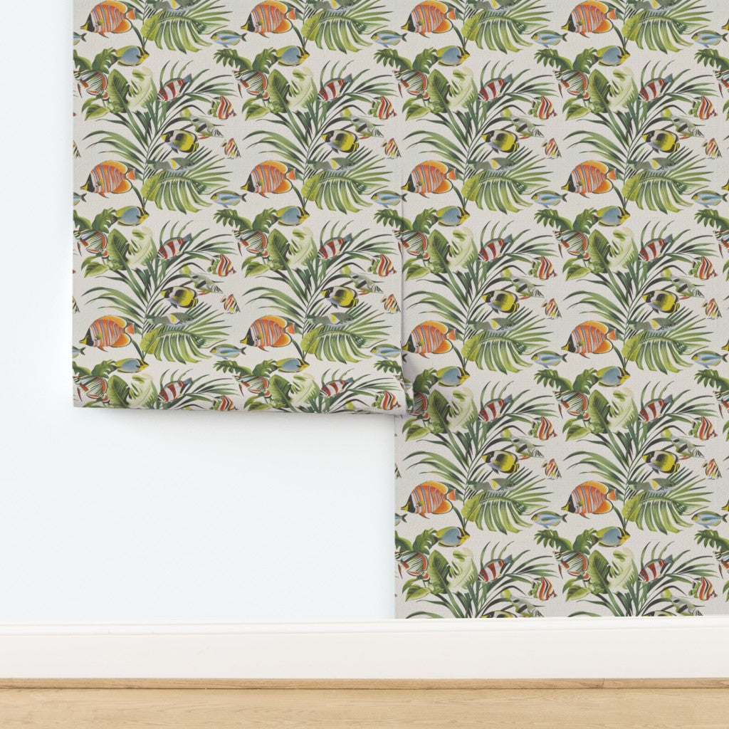 Textured grasscloth Tropical Fish Tank wallpaper, highlighting the rich organic fiber weave.