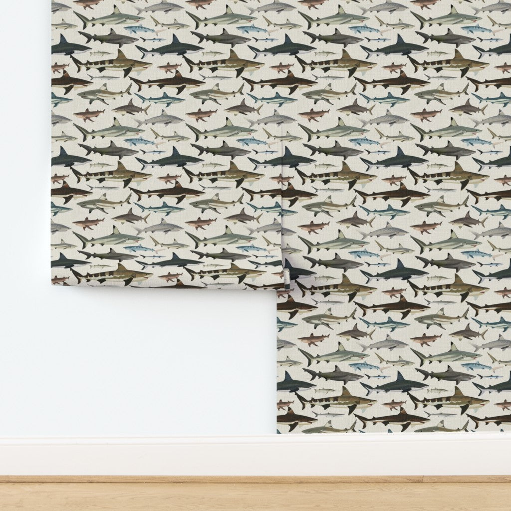Sea of Sharks wallpaper in Deep Blue on textured grasscloth substrate.