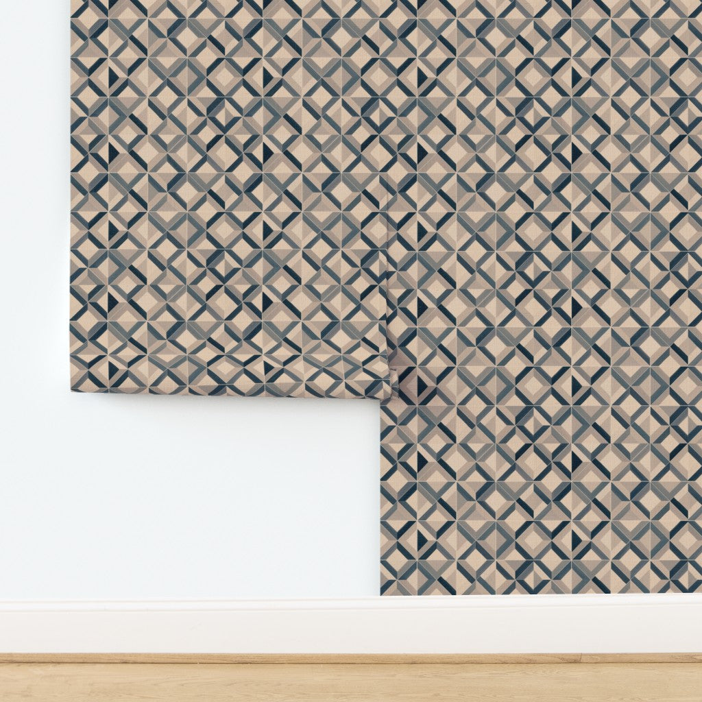 Ponti Geometric wallpaper in Ocean, printed on premium textured grass cloth