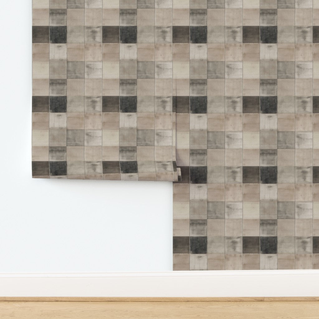 Grass cloth texture detail on Axel Vervoordt inspired patina tile wallpaper