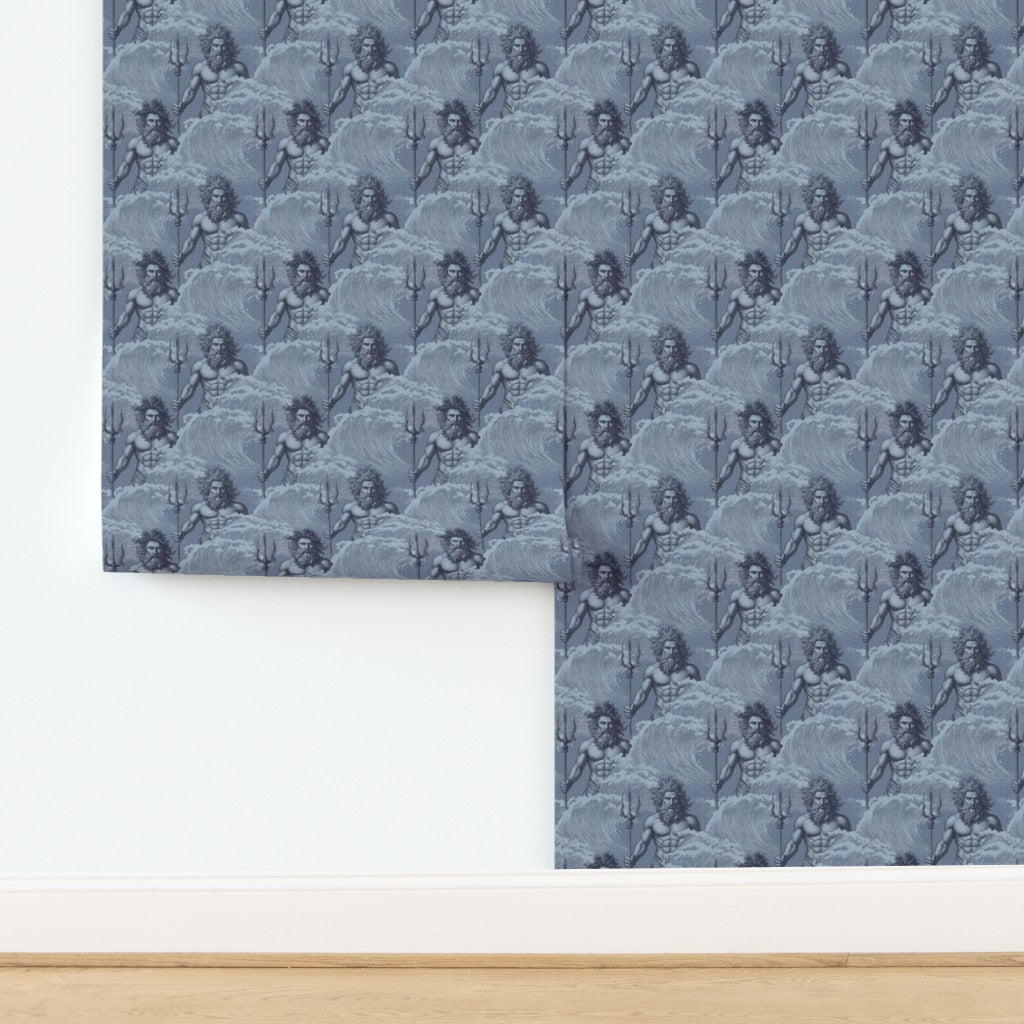 Neptune mythological wallpaper printed on organic Aegean blue grasscloth substrate.