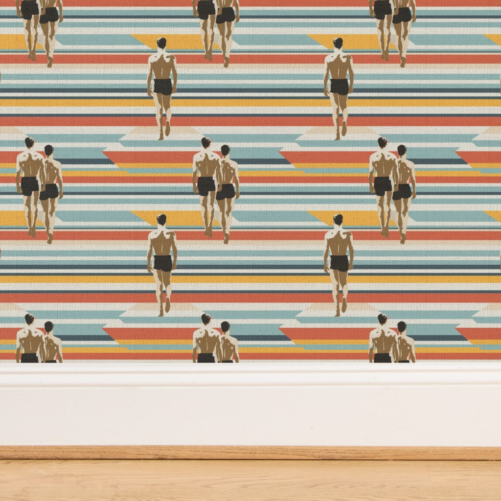 Strada del Sole grasscloth wallcovering showing organic fibers and mid-century design details.
