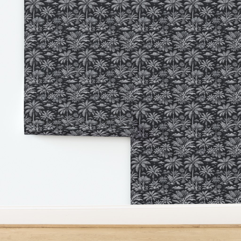 Close-up of palm trees and gazebos on Black textured grass cloth Palmy Weather wallpaper.