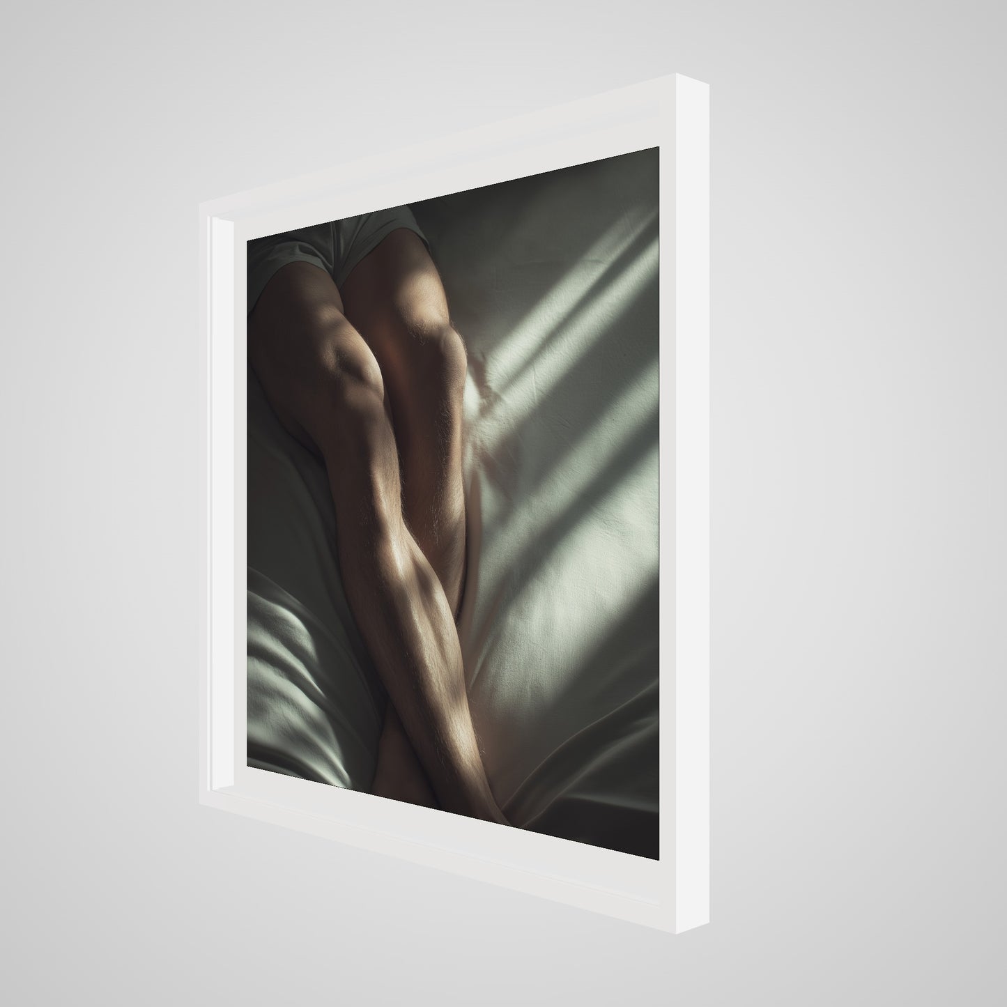 36x36 deep white square angled spacer frame displaying Held by Light print.