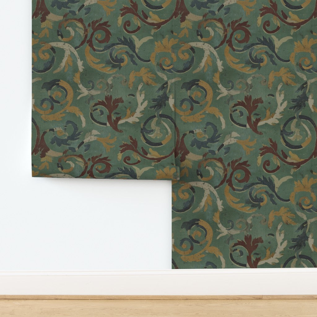 3rd Century Roman Bath Tile II green wallpaper printed on luxurious, textured grass cloth substrate.