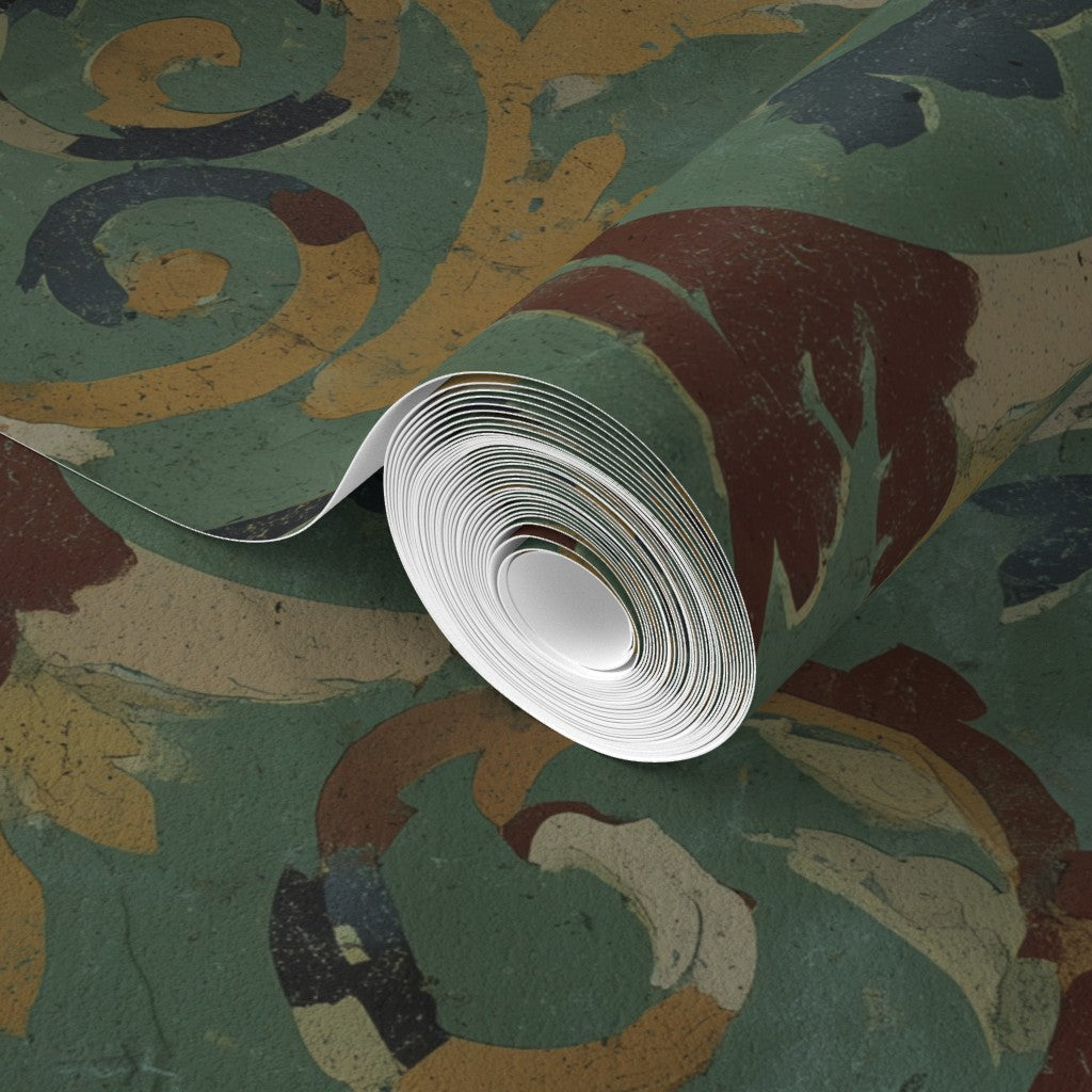 Texture detail of the green and ochre tones on the non-pasted 3rd Century Roman Bath Tile II wallpaper.
