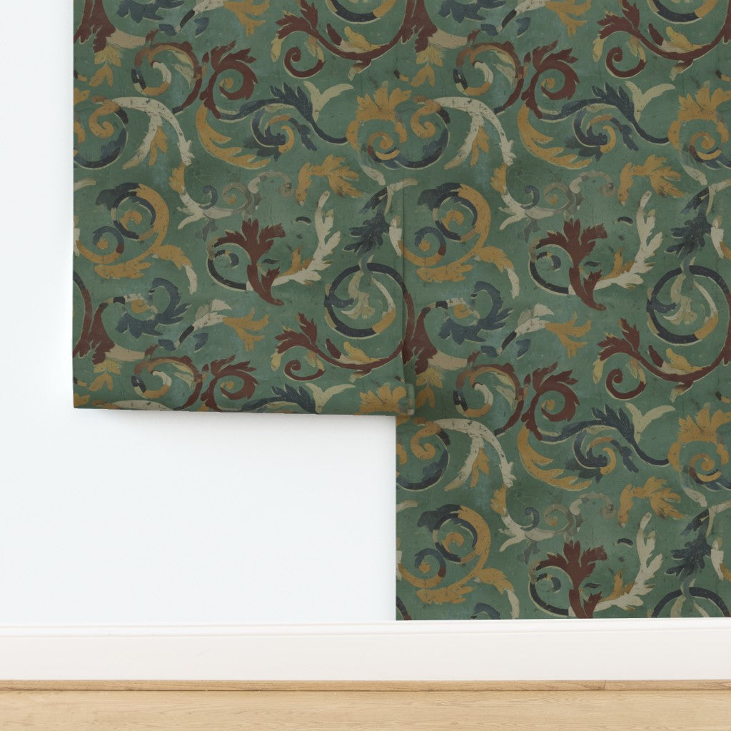 Close-up of the non-pasted matte finish on the 3rd Century Roman Bath Tile II green wallpaper.