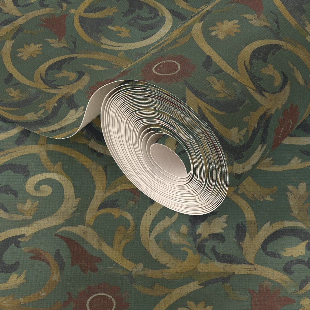Close-up showcasing the woven natural fiber backing of the Roman Bath Tile IV grasscloth wallpaper.