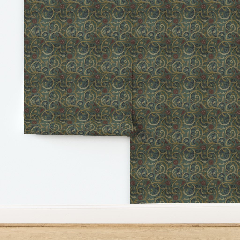 Full pattern view of the Roman Bath Tile IV wallpaper on premium textured natural grasscloth.
