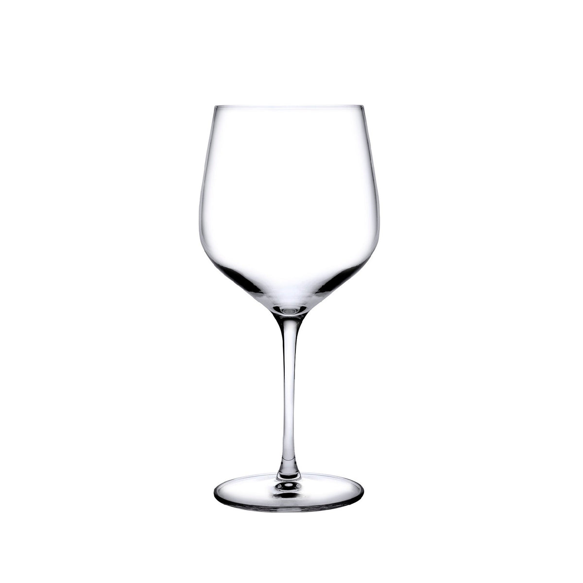 Set of two NUDE Glass Refine crystal burgundy wine glasses displayed side-by-side.