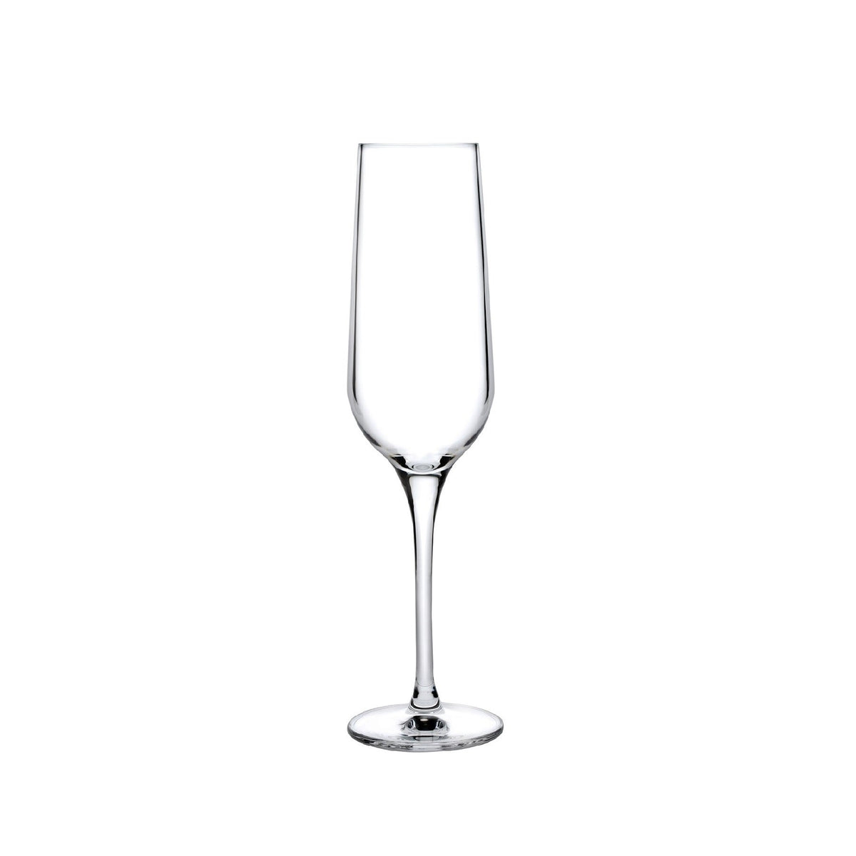 Set of two NUDE Glass Refine crystal champagne glasses showcasing their slender stems and elegant bowls.