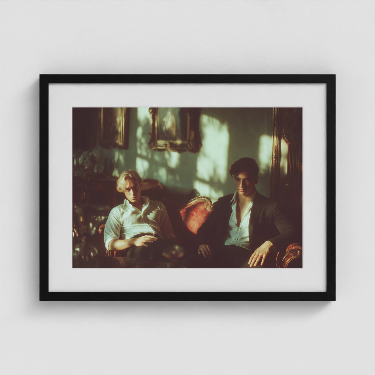 Lads on a Red Sofa 24x18 Black Landscape Box Frame