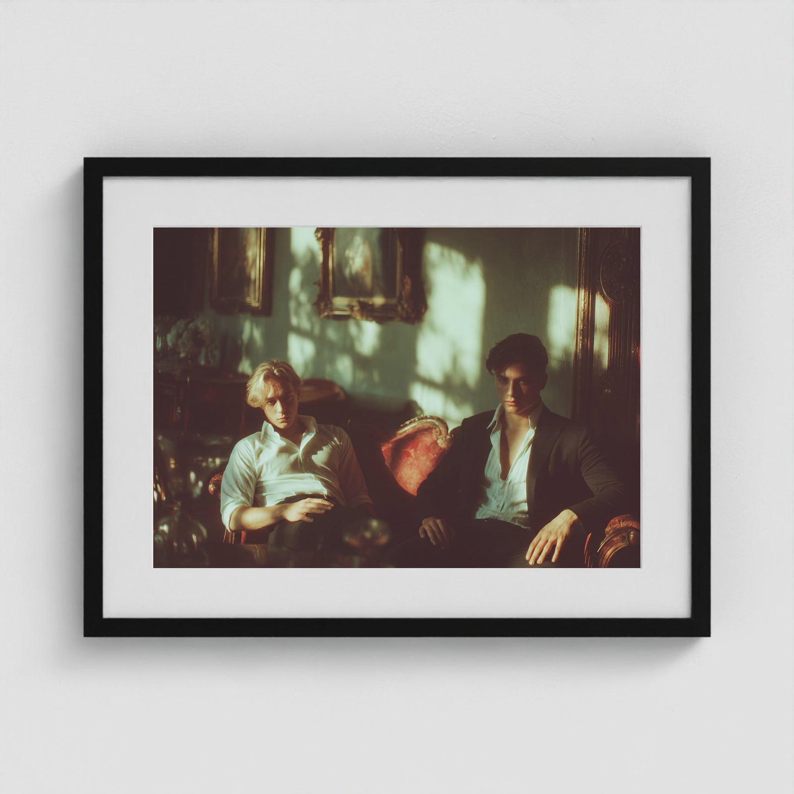 Lads on a Red Sofa 24x18 Black Landscape Box Frame