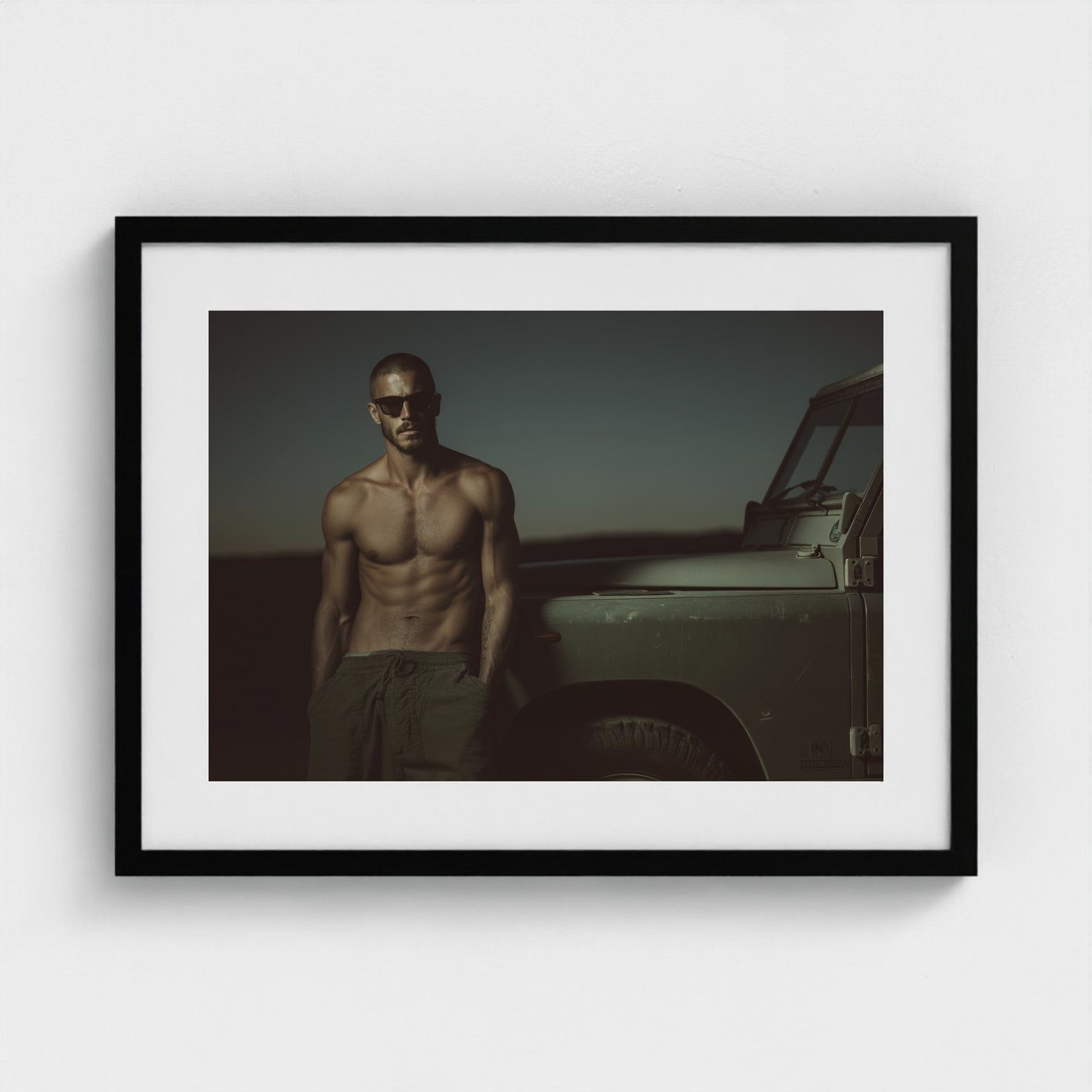 Masculine Land Rover Portrait in Olive Green Tones 24x18 Black Landscape Mockup