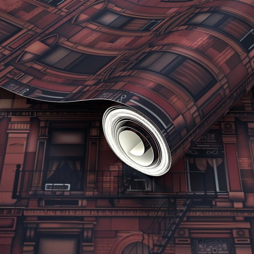 Detailed view of the Waverly Place metallic wallpaper option in deep oxblood red