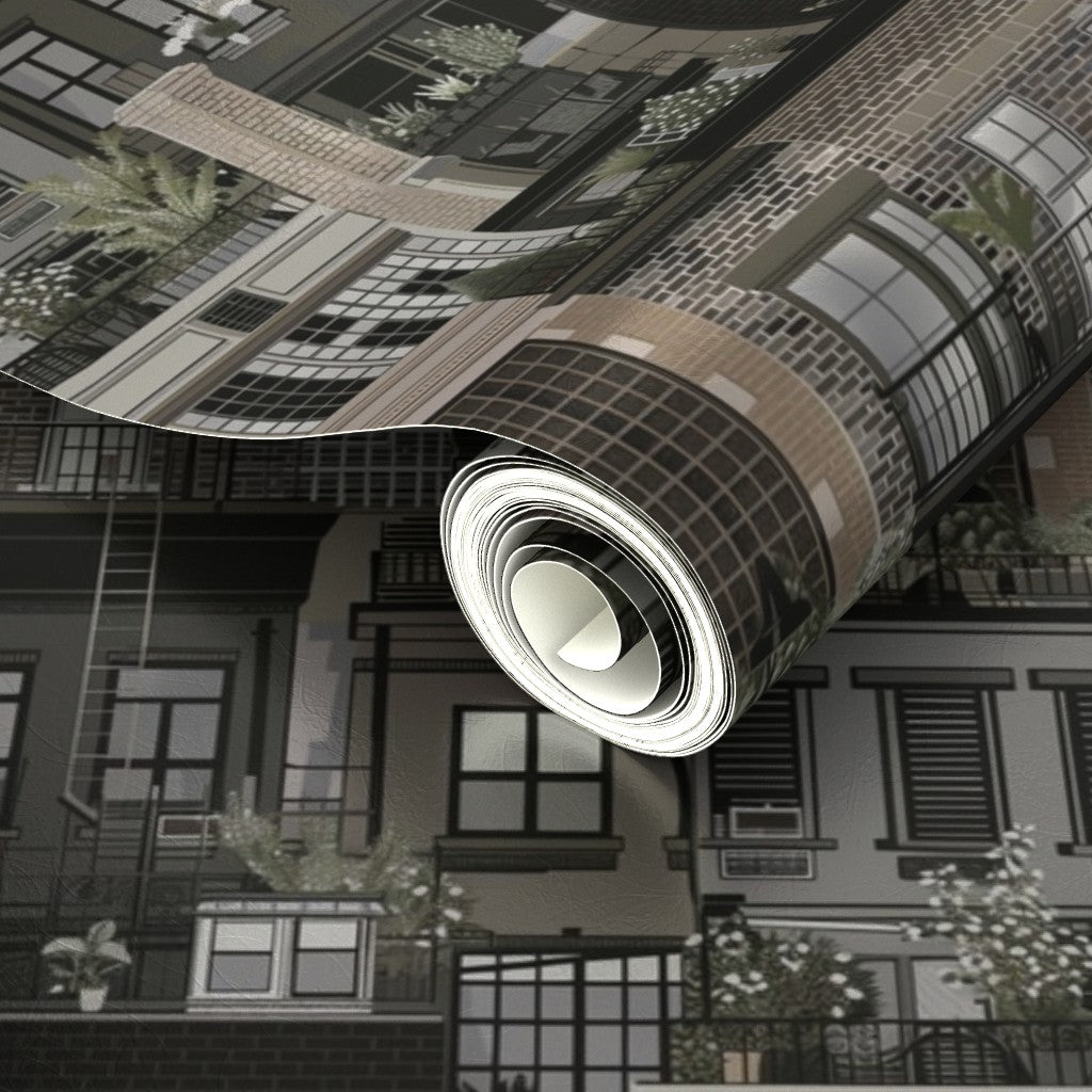 Luminous metallic finish on the Earth tones West Village Rooftops wallpaper.