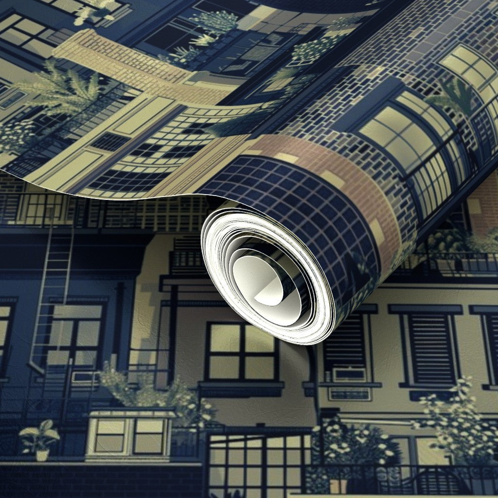 Detailed metallic finish on the Cream West Village Rooftops wallpaper.