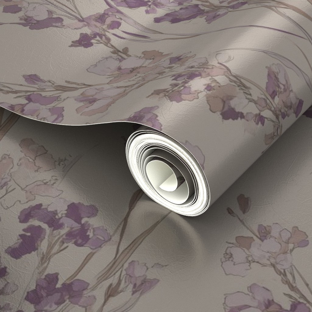 Luminous metallic finish on the Purple Statice floral wallpaper.