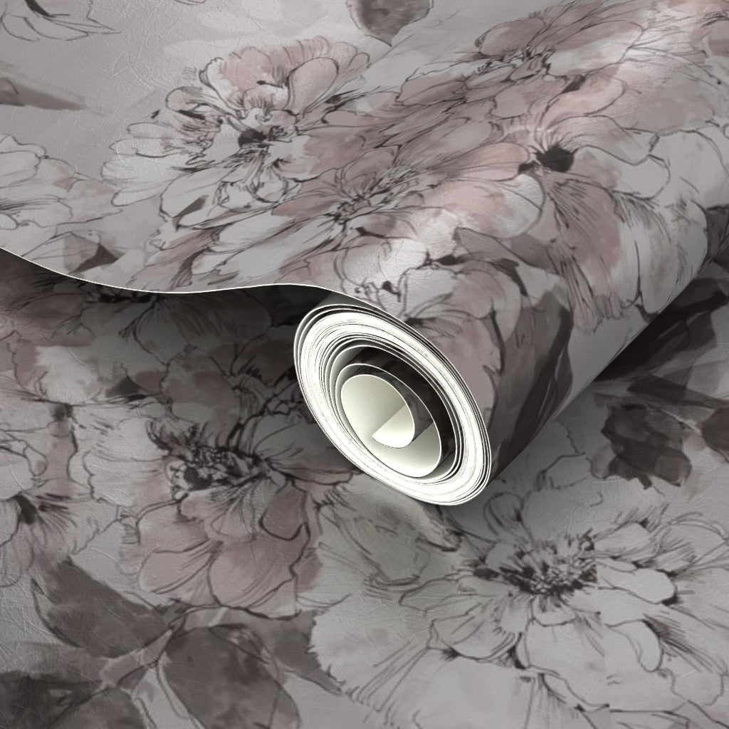 Luminous metallic wallpaper surface with taupe watercolor botanical pattern.
