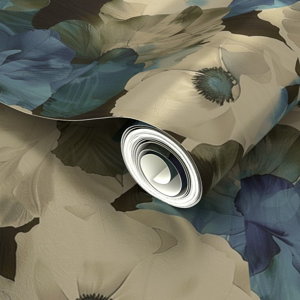 Reflective finish of Latte Sheer Peonies metallic wallpaper under warm lighting.