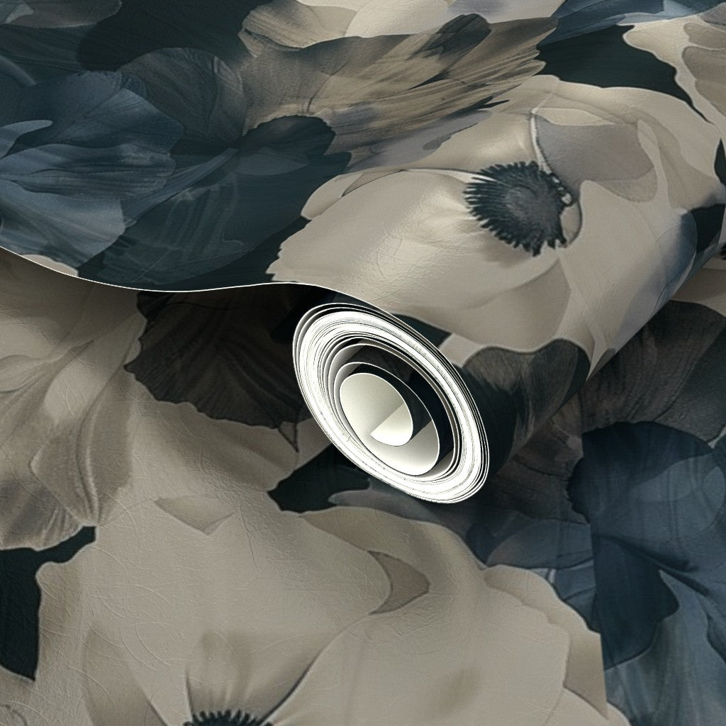 Elegant light reflection on Scandi Sheer Peonies metallic wallpaper.
