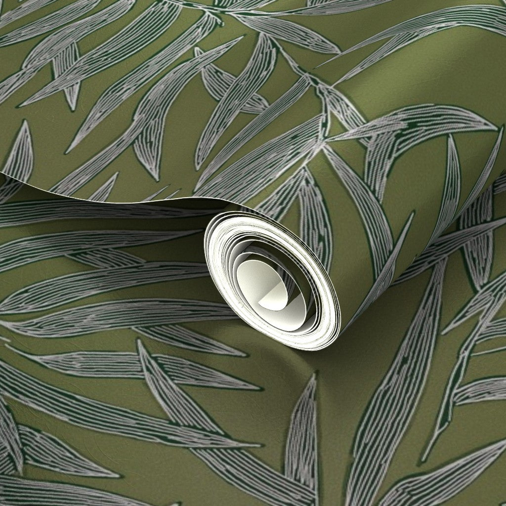 Luminous finish detail on the metallic Moss green Bamboo wallpaper.