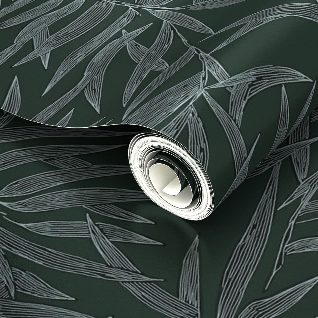 Pearlescent reflection detail on the metallic Forest green Bamboo wallpaper.