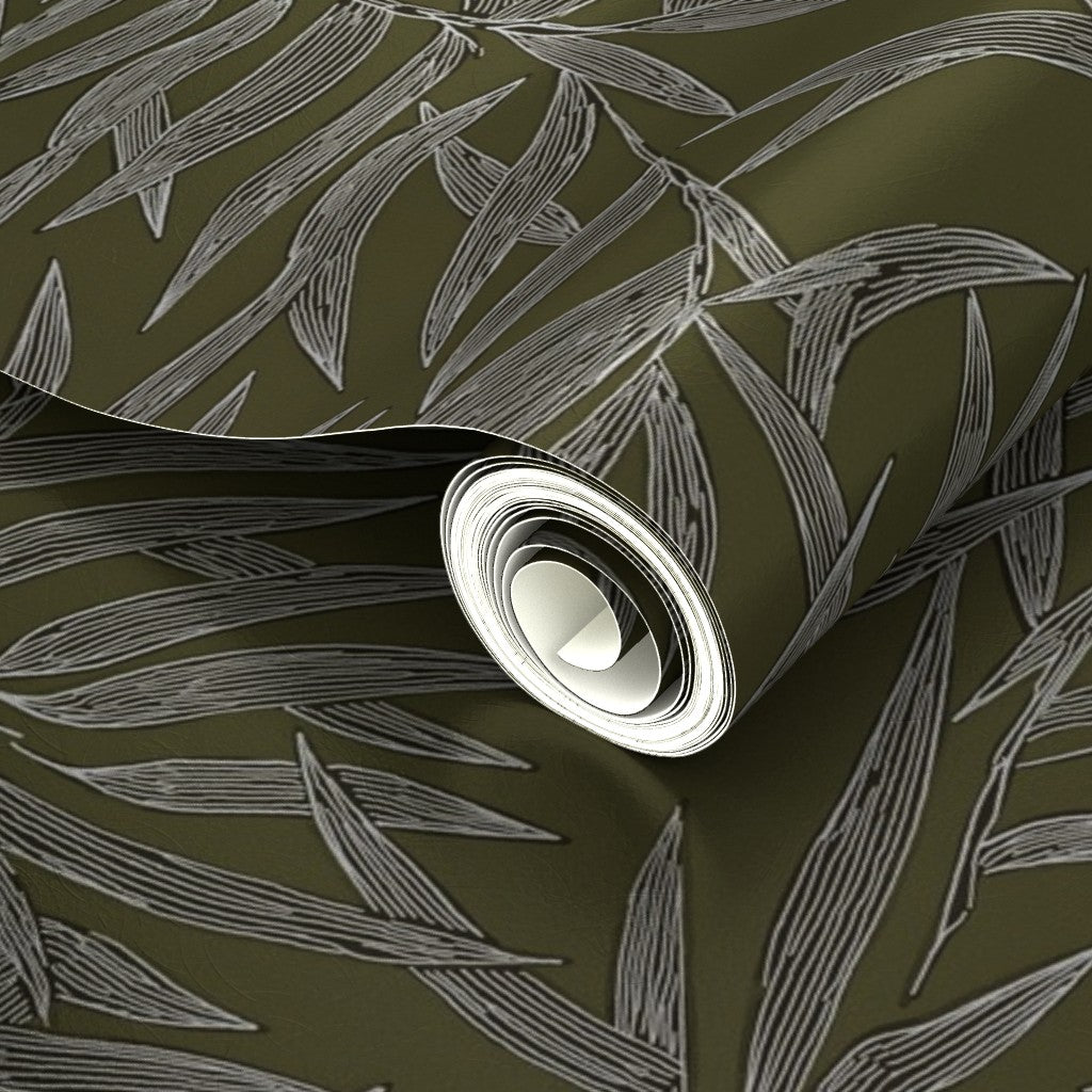 Close-up of the pearlescent reflection on the metallic Olive Bamboo wallpaper.