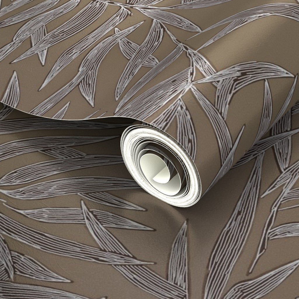 Luminous pearl finish of the metallic Dove colorway bamboo wallpaper.