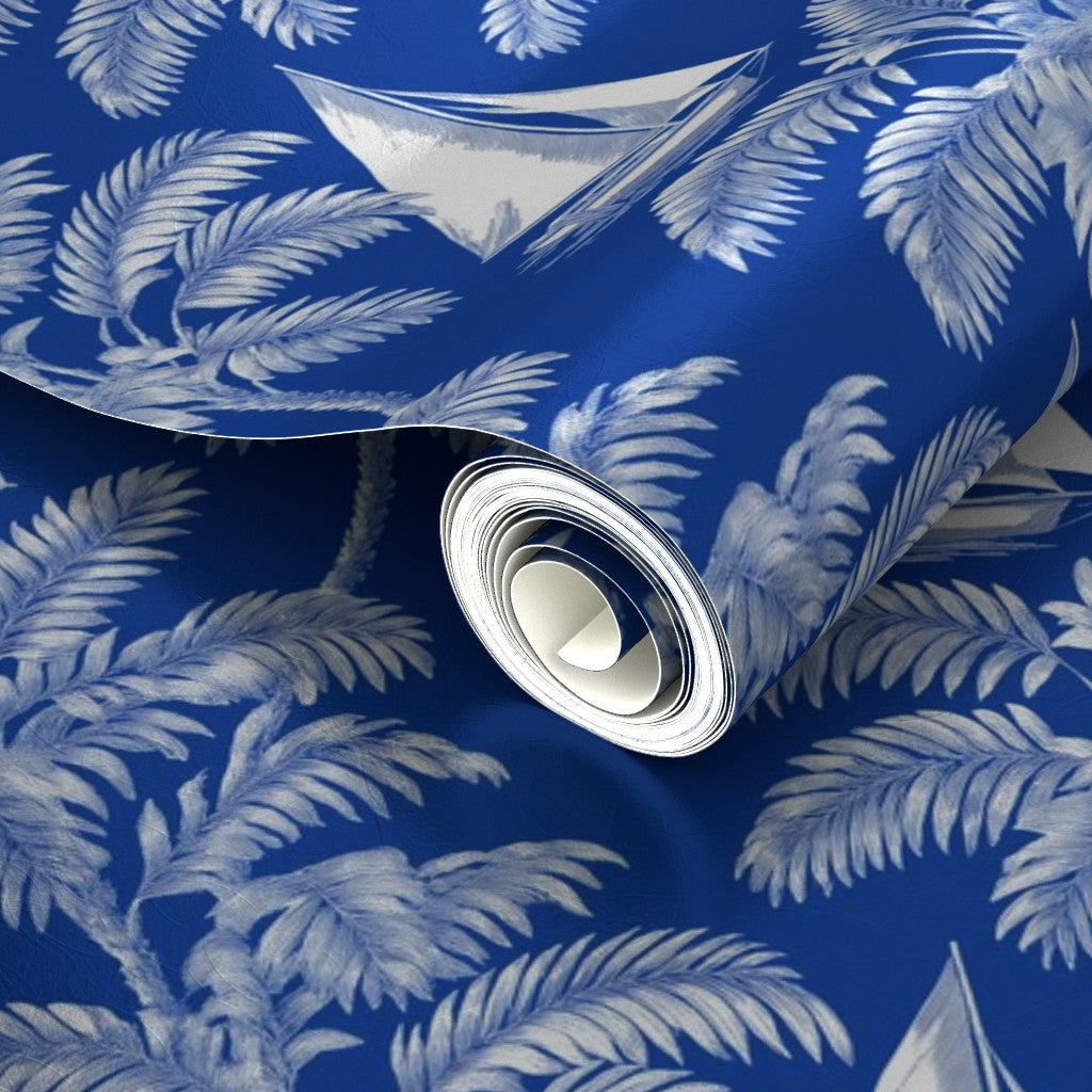 Luminous pearlescent finish details on Sail Away metallic wallpaper.