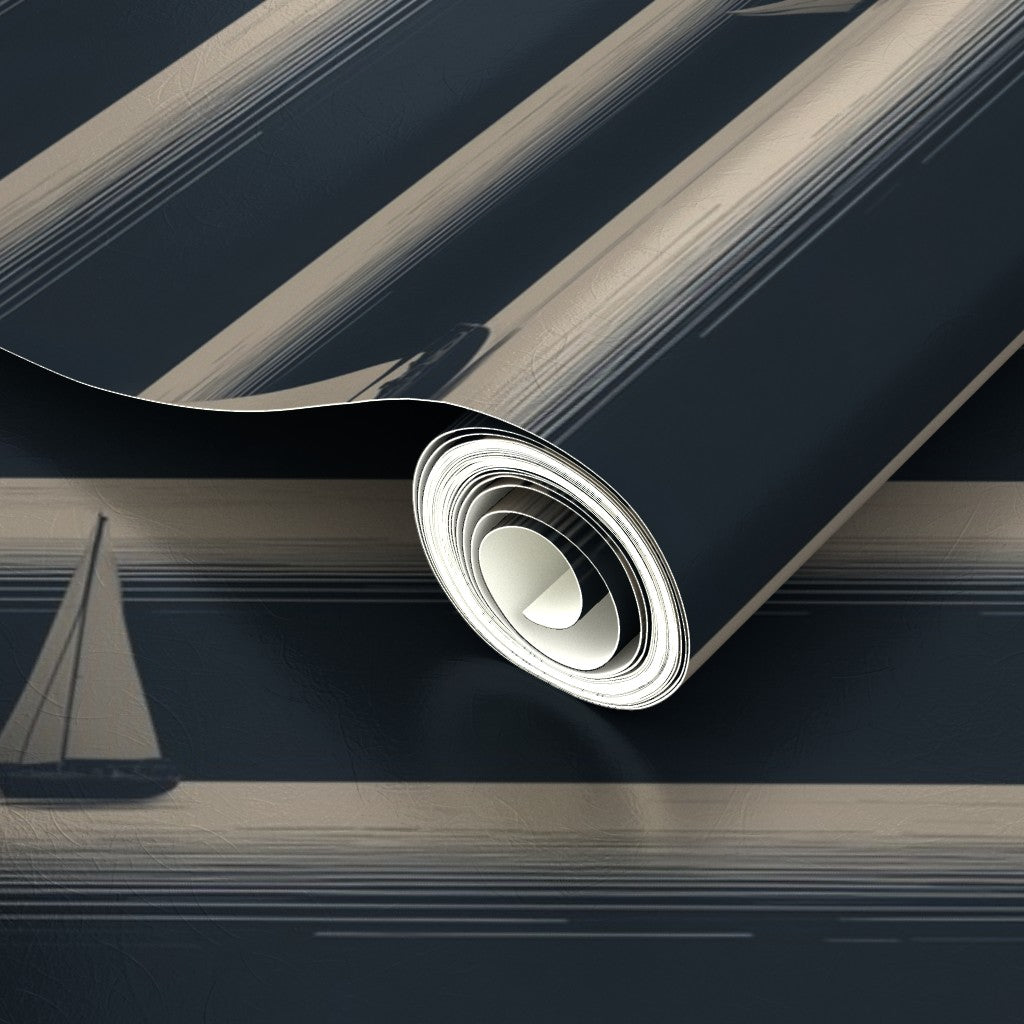 Detail of the metallic sailing stripes wallpaper reflecting soft light.