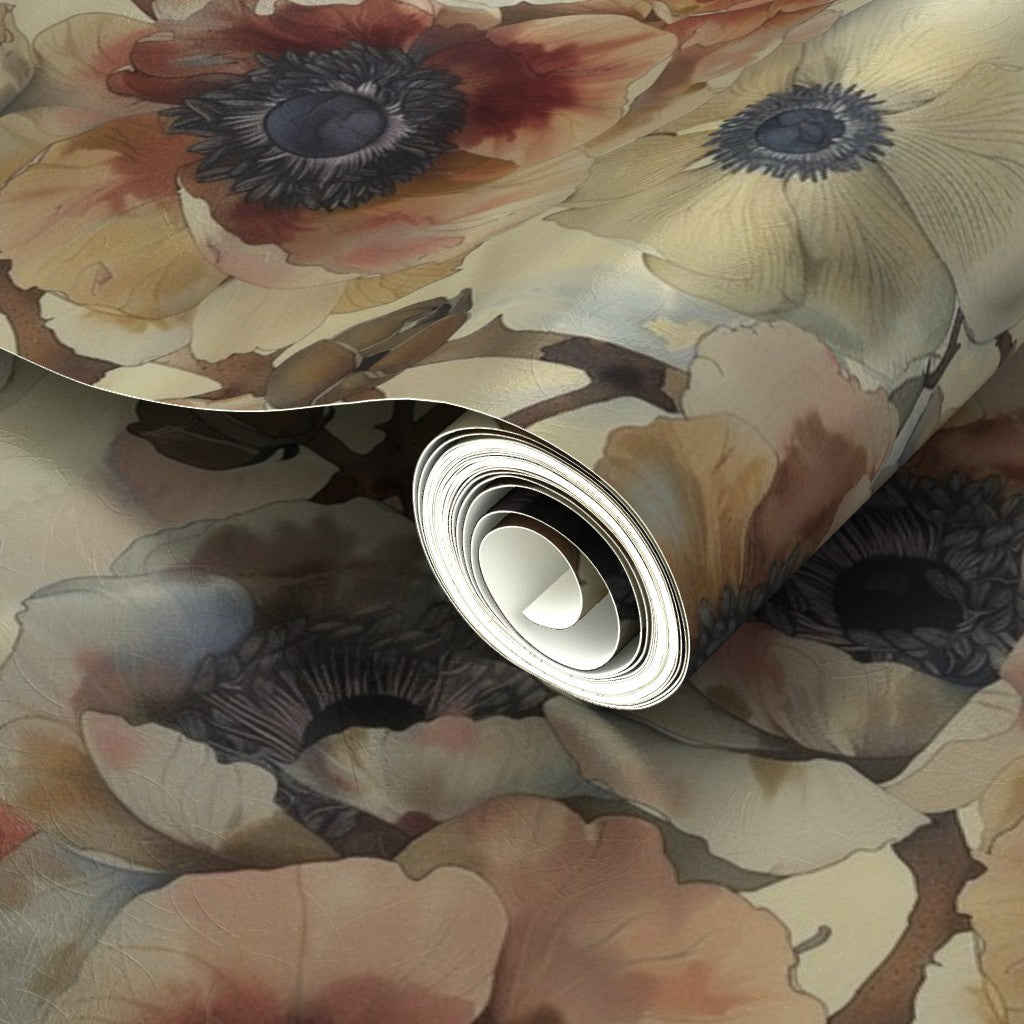 Reflective metallic sheen detail on Sunset Poppy and Anemone botanical wallpaper.