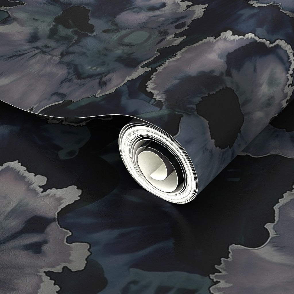 Close-up of metallic floral wallpaper highlighting the subtle shimmer and rich amethyst tones