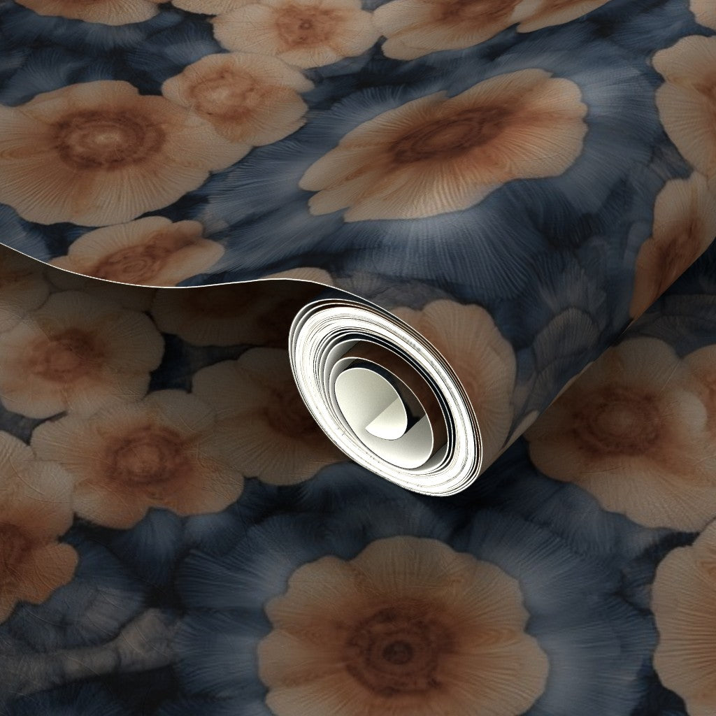 Detailed close-up of the Sea Poppies design on reflective metallic wallpaper.