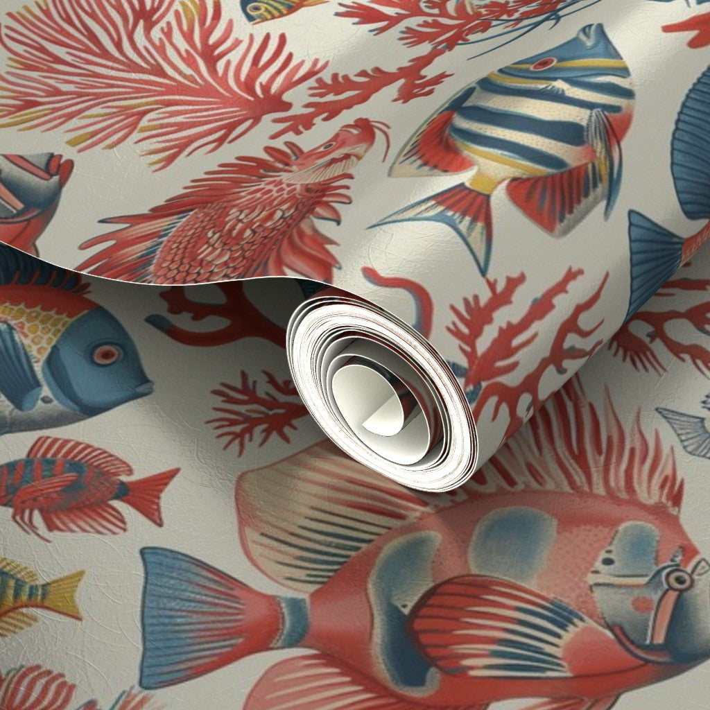 Detail of the pearlescent finish on the Red Fish, Blue Fish metallic wallpaper in Off White.
