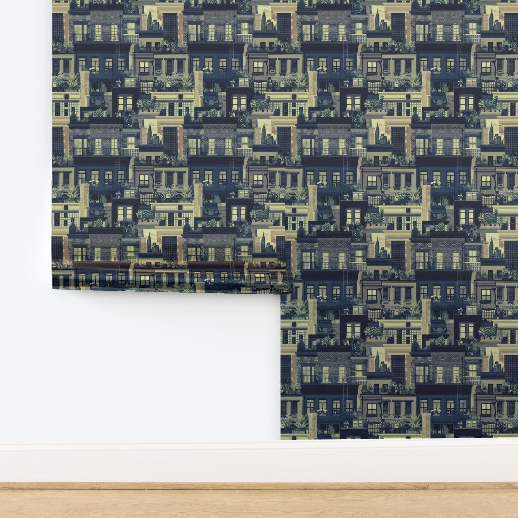 West Village Rooftops wallpaper in Cream on reflective metallic paper.