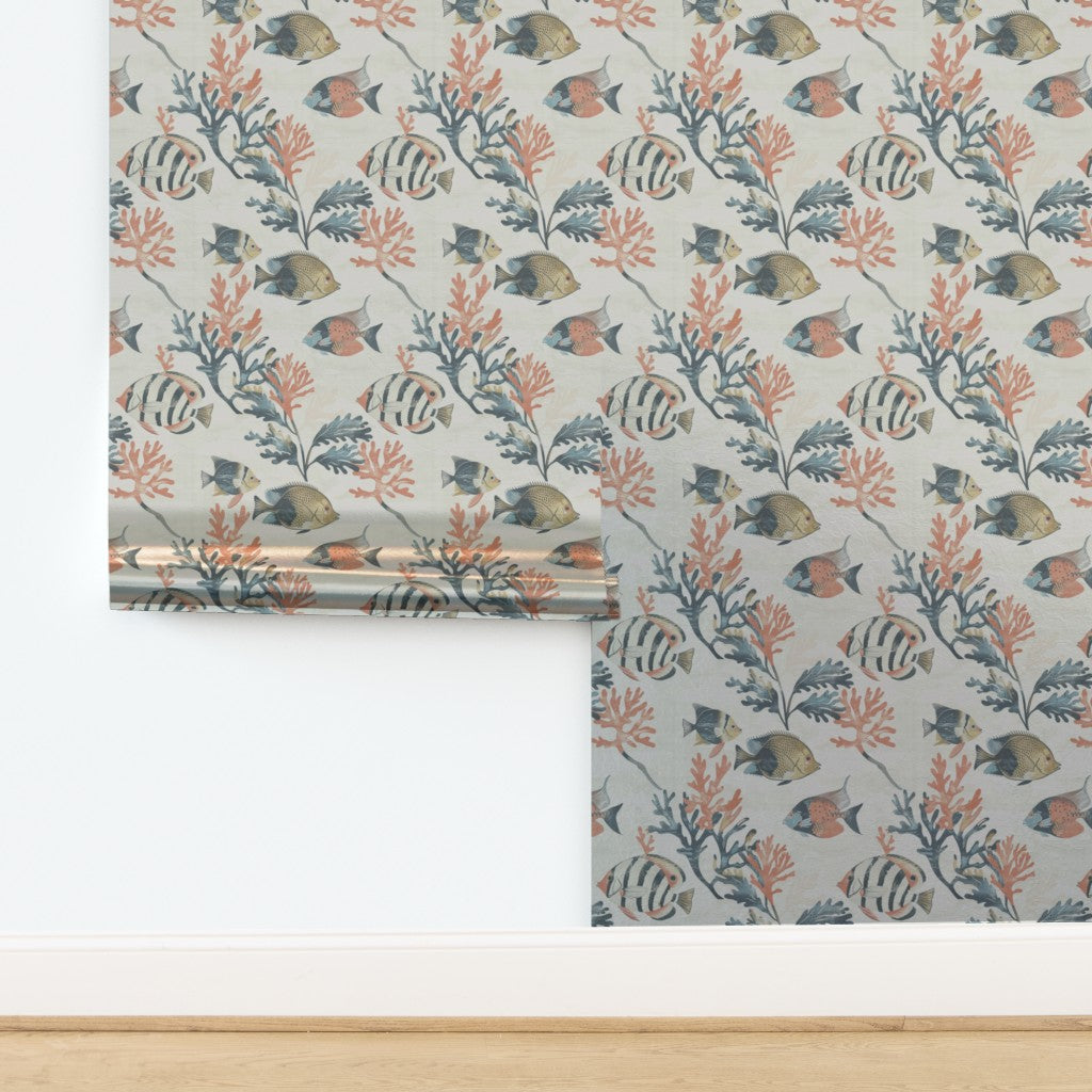 Metallic pearlescent finish of the tropical fish motif on Off White background.