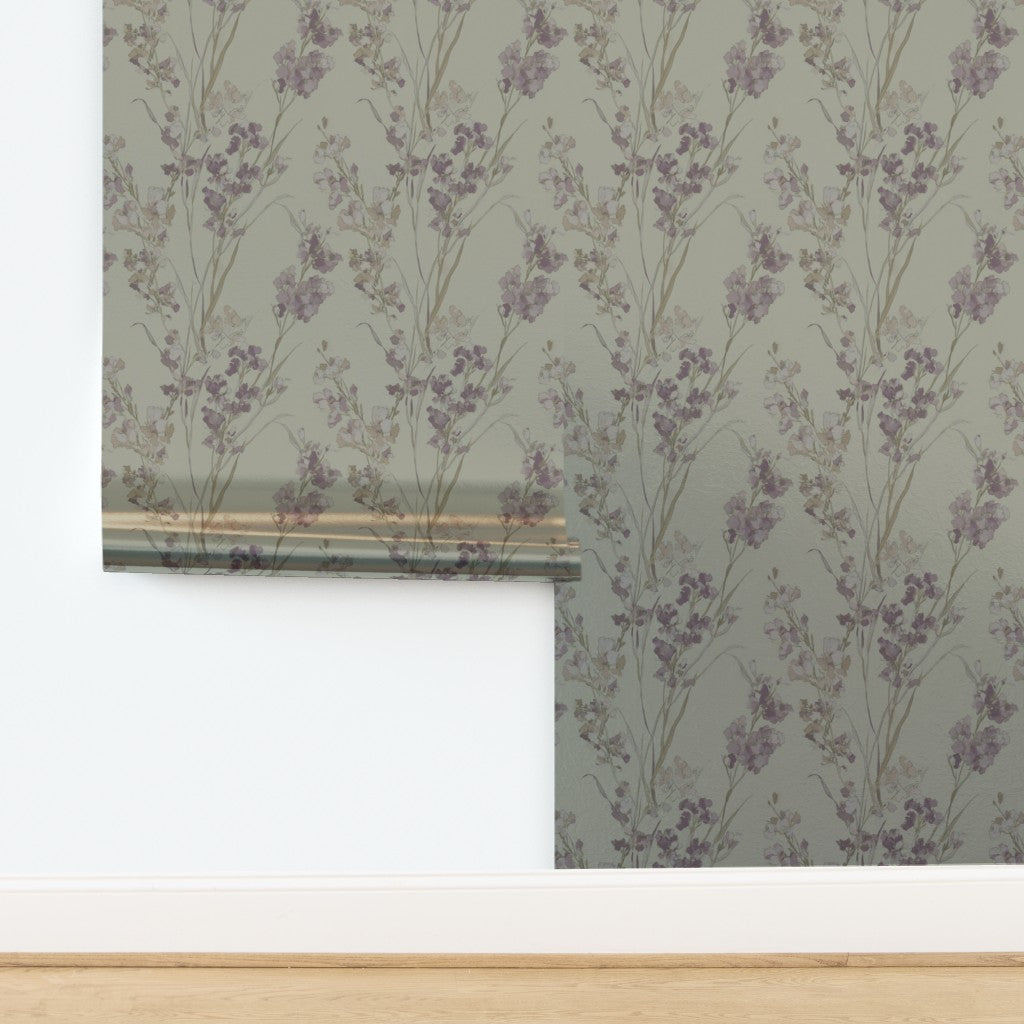 Pearlescent metallic backing on Canary yellow floral wallpaper.