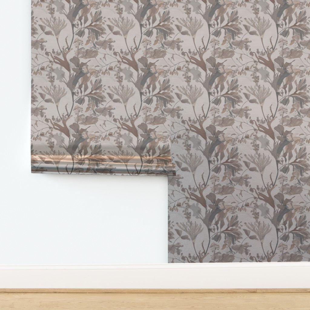 Pearlescent metallic botanical wallpaper displaying a subtle reflective sheen.