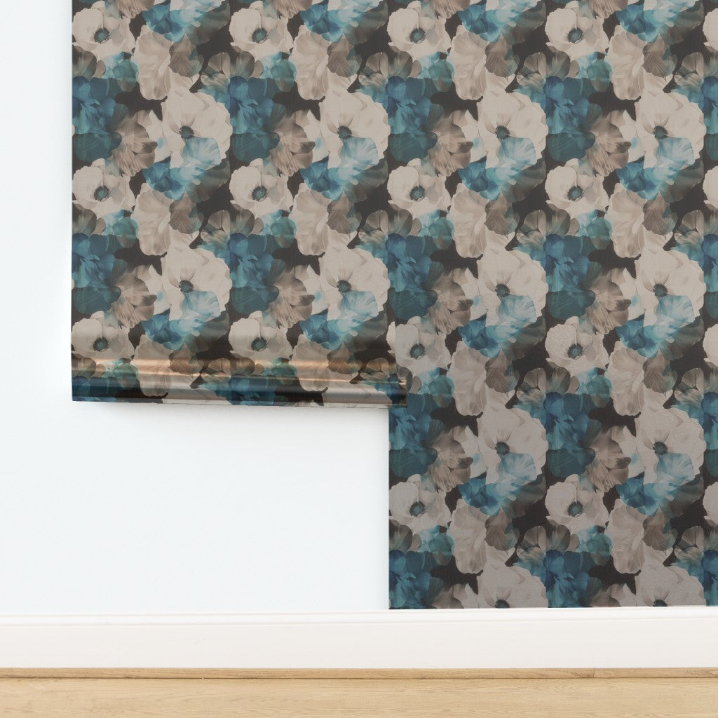 Sheer Peonies metallic pearlescent wallpaper sample in Hazel.