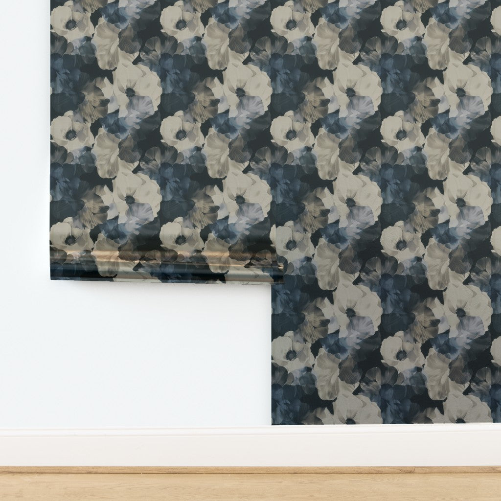 Luminous pearlescent metallic sample of Sheer Peonies wallpaper in Scandi.