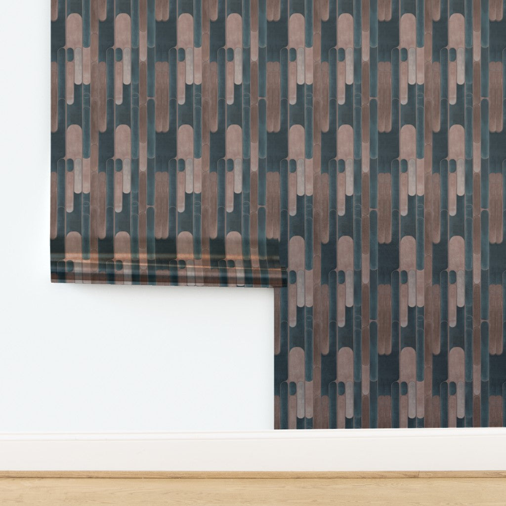 Luminous metallic finish on the Tempo modernist wallpaper roll.
