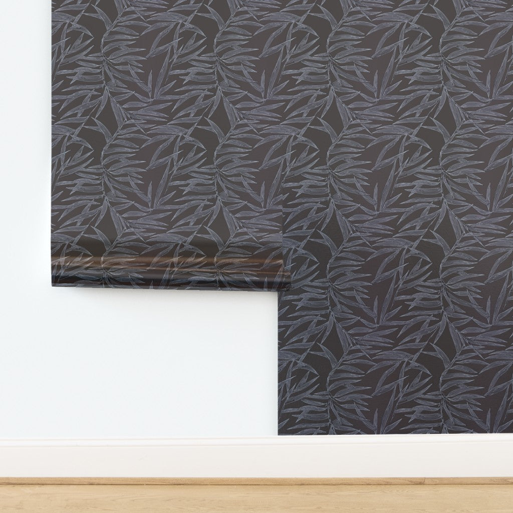 Luminous metallic finish on Taupe botanical bamboo pattern wallpaper.