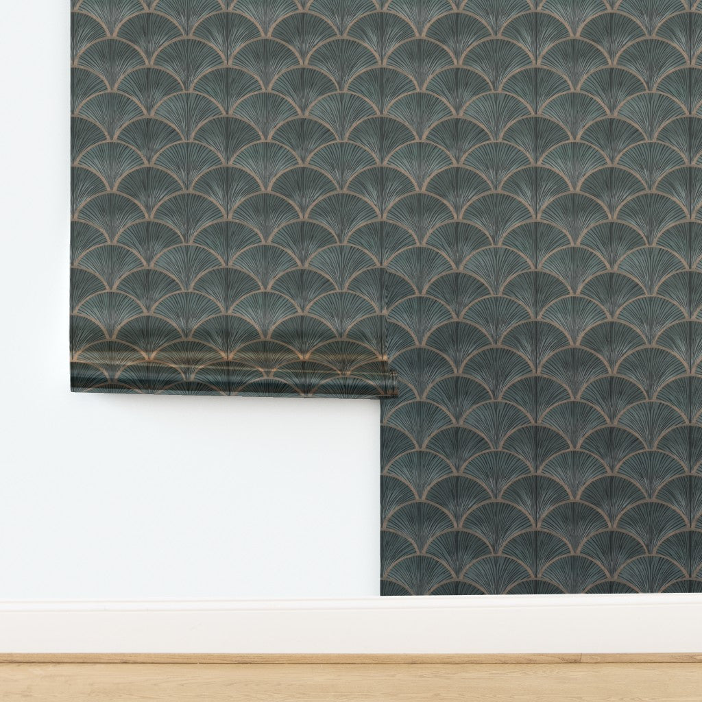 Luminous metallic finish on teal Art Deco fish scale wallpaper showing reflective surface.
