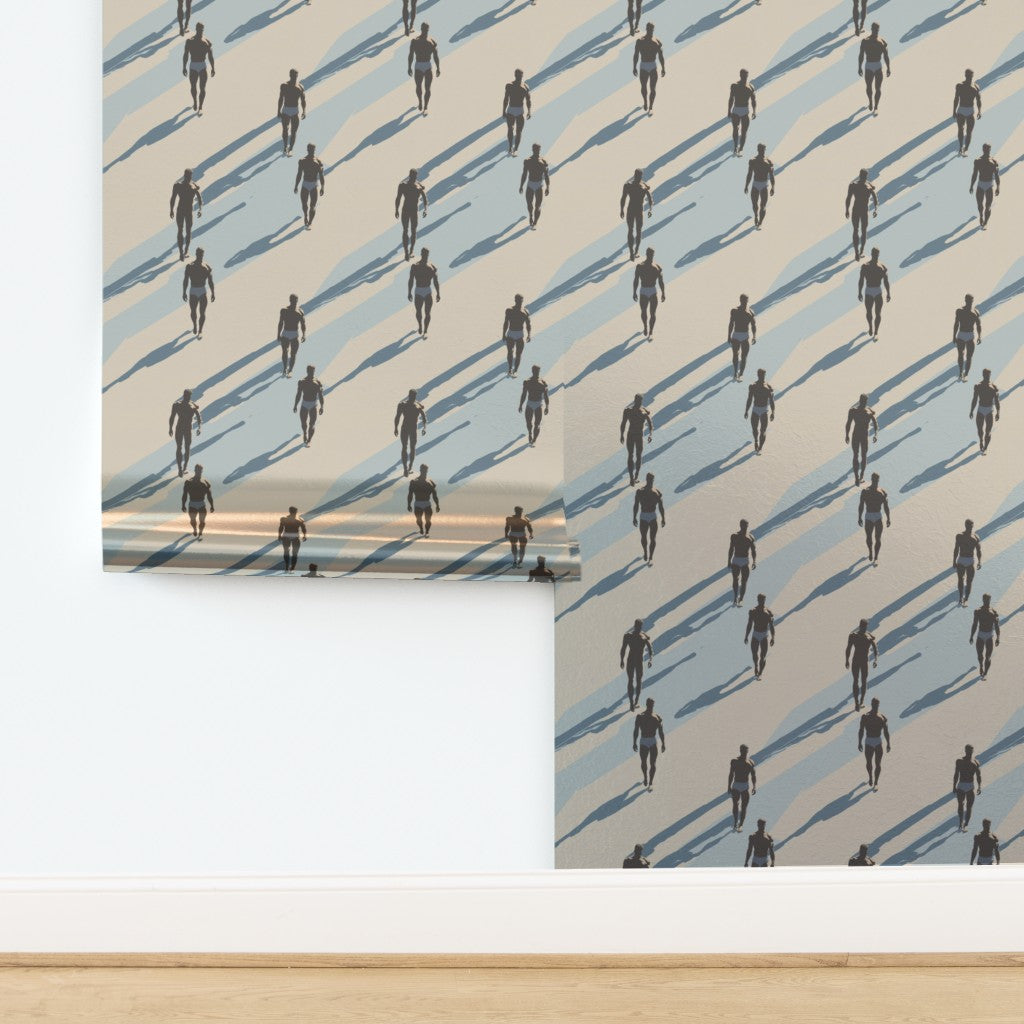 Reflective metallic finish on the Aegean Shadow designer wallpaper, displaying elegant movement.