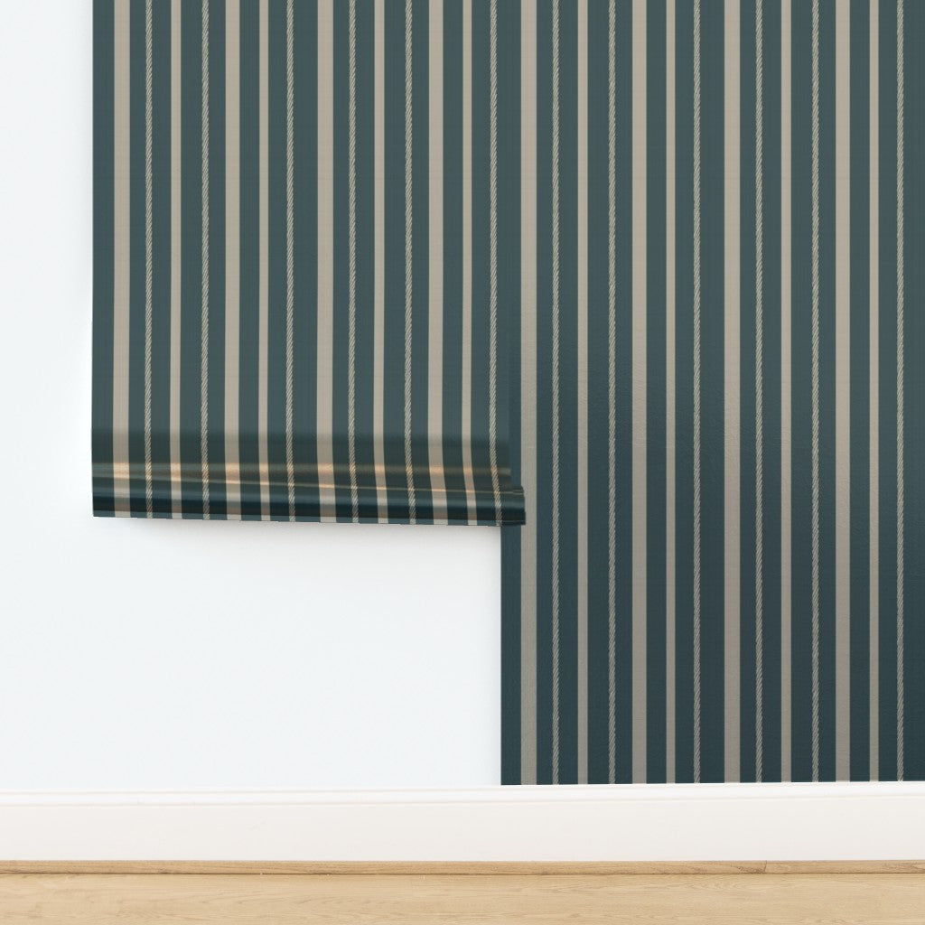 Metallic finish edition of the teal striped wallpaper reflecting natural light