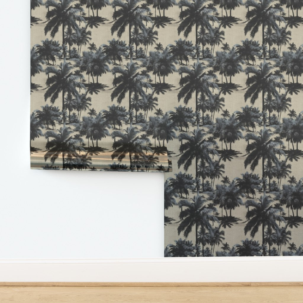 Metallic pearlescent palm wallpaper swatch capturing light reflection.