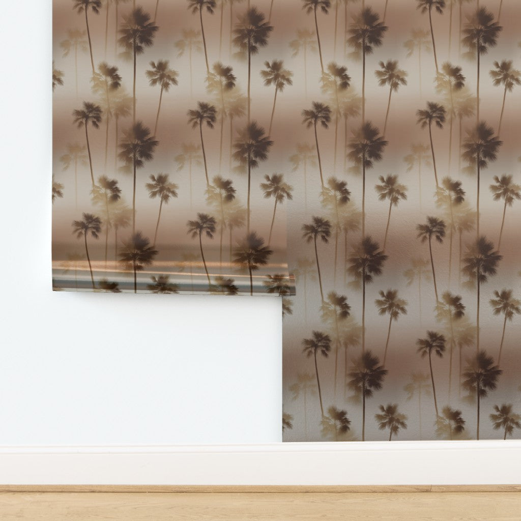 Close-up of the pearlescent metallic sheen on the golden palm tree wallpaper substrate.