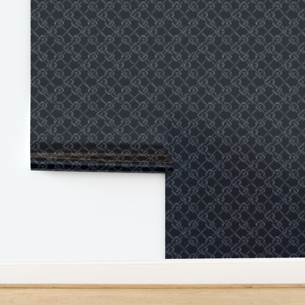 Luminous pearlescent metallic paper finish of the Carrick Knot wallpaper.